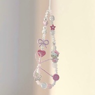 Pink Beads Bow Hello Kitty Mobile Phone Chain diy Lanyard Beaded Cute ccd Camera Lanyard