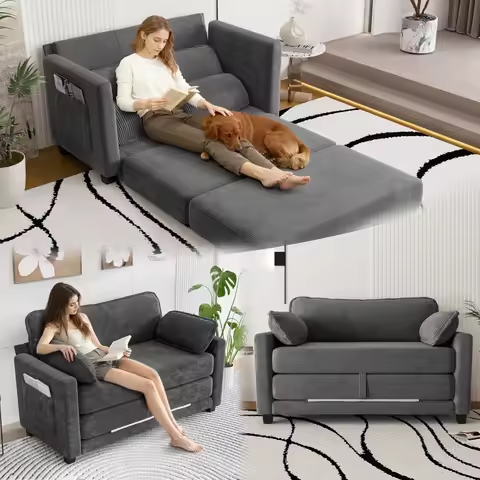 2-in-1 Convertible Corduroy Sofa Bed, 2-Seater Two-Form Switch Loveseat Sleeper Sofa with Side Stora