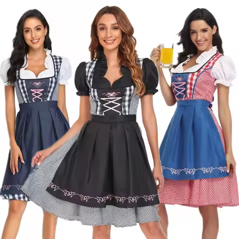 Women Bavaria Oktoberfest Dirndl Dress With Apron Beer Festivals Bartender Waitress Outfit Cosplay C
