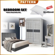 [Klang Valley Only] PATTERN 3 in 1 Bedroom Set Queen Bedframe Sliding Door Wardrobe Dressing Table