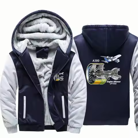 A380 & GP7000 Engine Fleece Warm Wool Aviation Pilots Flight Men Coat Jackets Zipper Hooded Thick Ho