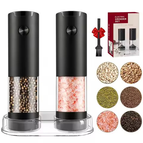 Upgraded Electric Salt and Pepper Grinder Set Battery Powered Automatic Pepper Mill Shakers Adjustab