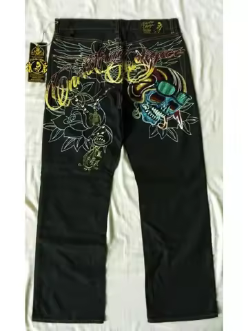 Vintage Skull Head Embroidery Jeans High Waisted Baggy Straight Denim Pant Motorcycle Knight Streetw
