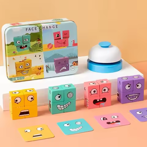 Cube Face Changing Building Blocks Board Game Wood Puzzle Montessori Expression Wooden Blocos for Ch