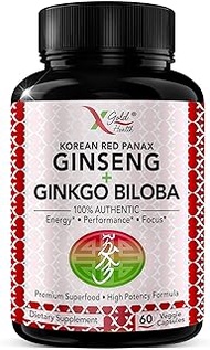 Korean Red Panax Ginseng 1200mg + Ginkgo Biloba - Extra Strength Root Extract Powder Supplement w/High Ginsenosides Vegan Capsules for Energy, Performance &amp; Focus Pills for Men &amp; Women