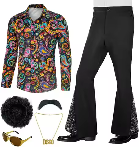 70s Outfits for Men 6 Pcs Disco Outfit Retro Costume with Bell Bottom Pants Adult Disco Singer Dance