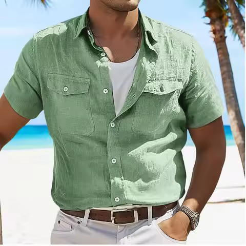 Men's Short Sleeve Cotton Shirt Men T-shirt Linen Short Sleeve Shirt Linen Shirt Men's Shirt with Sh