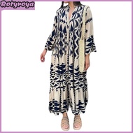 Fall Spring Women Dress Stand Collar Color Matching Printed Bohemian Single-breasted Pleated Patchwo