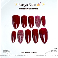 Busya Nails - Red On Red Glitter Pressed On Nails False Nails Free Glue Tools