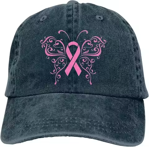 Baseball Cap Pink Ribbon Butterfly- Breast Cancer Denim Hat Trucker Hat Dad Cap