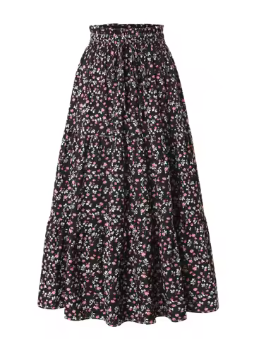 Women's Swing Pleated Floral Print Maxi Skirt Elastic High Waisted A-line Bohemian Midi Long Skirts