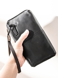Genuine Leather Handbag Men's Soft Leather Retro Casual Long Wallet Men's First Layer Cowhide Zipper Wallet Clutch Women's Trendy