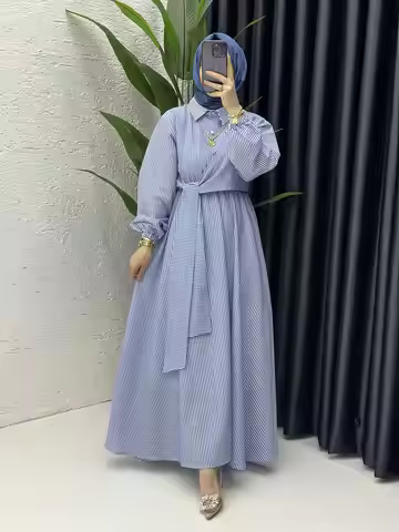 2025 Striped Modest Dress Blue White Color Belted Waist & Shirt Neckline Ideal for Riyadh Weekday Co