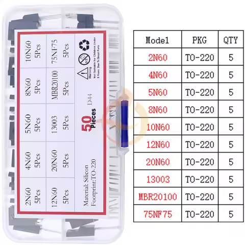 50Pcs 10Values TO-220 Mosfet Field effect transistor Assorted Kit 2N60 4N60 5N60 8N60 10N60 12N60 20