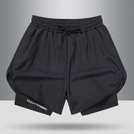 【Ready Stock】 M-5XL Men's 2 in 1 Running Shorts Sports Fitness Short Pants Gym/Basketball/Swimming T