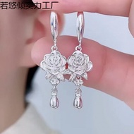 Pure Silver 999 Cube Water Drop Rose Earrings Female Sterling Silver Handmade Ethnic Earrings Chines