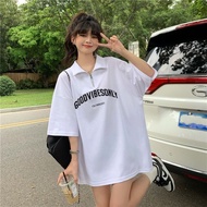 Women's Polo Shirts Folding Cover Short Sleeves Front Zipper Letter Print Loose Fit Casual Style Sof
