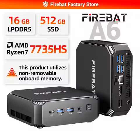 FIREBAT A6 MiniPC AMD R7 7735HS Dual Band WiFi6 BT5.2 16GB LPDDR5 RAM 512GB SSD Windows 11 Desktop G