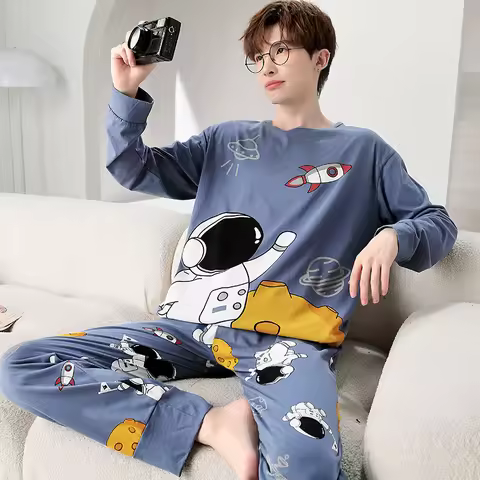 Cartoon Men's Sleepwear Spring Cotton Home Clothes Young Boy Nightwear Long Sleeves Sleeping Top Pan