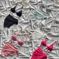 3-Piece Swimsuit Bikini Set Push-Up Frame + Cover-Up 5-Color Perforated Fabric
