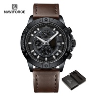 NAVIFORCE นาฬิกาข้อมือผู้ชายนาฬิกาสายหนังลำลองของแท้กันน้ำ2023โครโนกราฟนาฬิกาสีดำและน้ำตาล