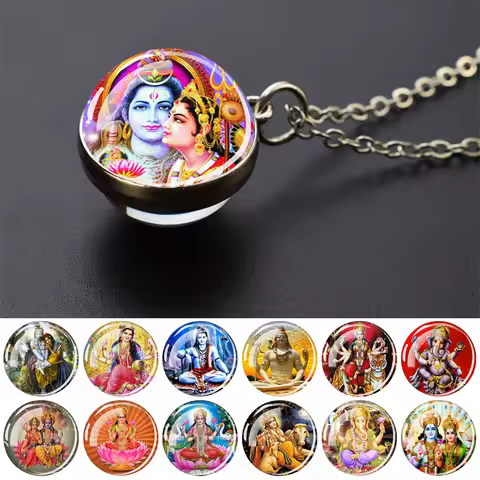 Hinduism Pendants Necklaces for Women Men Ganesha Shiva God Amulet Double Side Glass Ball Pendant In