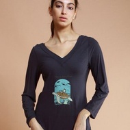 asana eco 生態意識系列-前後深V領長袖上衣-深藍/海龜