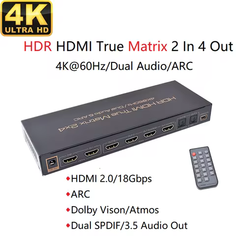 HDMI-compatible Matrix 4K@60Hz Switch Splitter 2 In 4 Out V2.0 2160P ARC UHD HDR Audio Extractor IR 