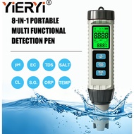 YiERYi 8-in-1 Water Quality Tester Pen pH EC TDS SALT CL S.G. ORP Temp with ATC Backlit LCD for Aqua