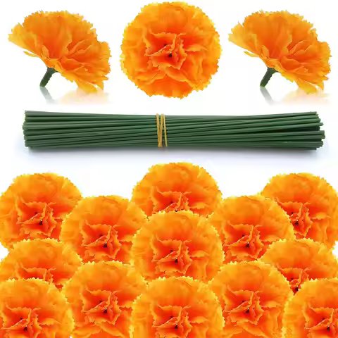 Yannew 50pcs Artificial Marigold Flowers with Stem Bulk Flower Bunch for Halloween Day of The Dead D