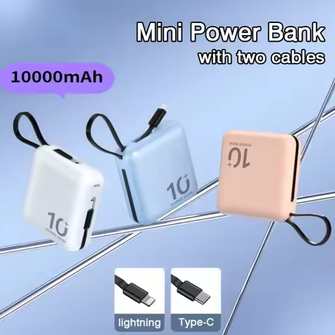 10000mAh Portable Mini Power Bank Build-in Cable Fast Charger External Spare Battery 5000mAh Small P