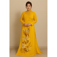 HIGH-NECKLACE Ao Dai WITH CRYSTALS EMBROIDERED WITH LOTUS CRANES 99% NEW