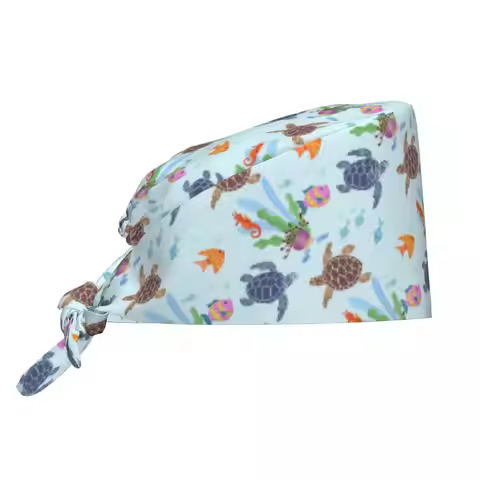 Custom Adjustable Ocean World Turtles Fish Seahorse Working Hat Women Men Surgical Hat Scrub Nursing