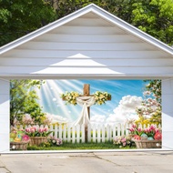 8 x 7 ft Easter Garage Door Cover, Church Cross Spring Garden Flower Colorful Eggs Happy Easter Gara