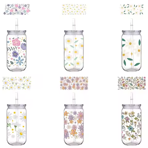 16OZ Printed PET Cup With Straw Transparent Lid Beaytiful Flowers Design Can Hold Milk Coffee Drinks