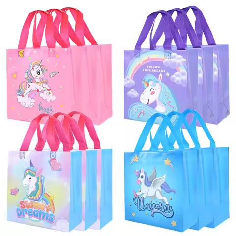 4Pcs Cartoon Unicorn Gift Bags Nonwoven Candy Snack Packaging Bag Girls Unicorn Theme Birthday Party
