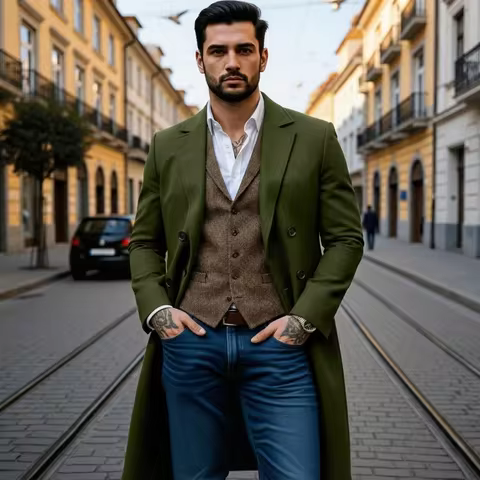 Men's Double-Breasted Trench Style Coat Thickened Warm Lined Jacket Windproof Fashionable Outdoor We