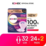 Kotex Total Protection Overnight Wing Pad 32cm - Sanitary Pad that prevents up to 100% No Back Leaks