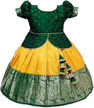 Kids, Yellow Art Silk Jecquard South Indian Style Pavdai Pattu Lehenga Choli for Kids, From 12 Months - 8 Years