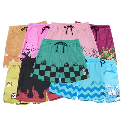 Men's Anime Demon Slayer Character Inspired Mesh Shorts Breathable Athletic Gym Shorts with Drawstri