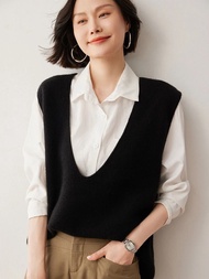 Versatile Women Sweater Waistcoat Clothing Autumn Wnter Sweater Vest 100% Cashmere Deep V-Neck Sleev