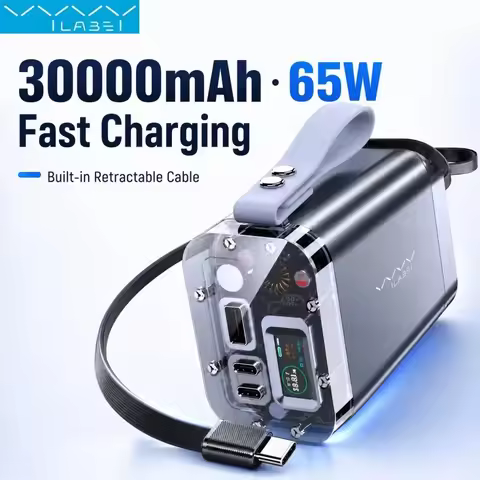 Vyvylabs 30000mAh Power Bank 65W PD Fast Charging Retractable USB-C Cable Digital Display Portable C