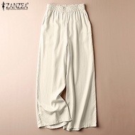 ZANZEA กางเกงขายาวผู้หญิง,กางเกงเอวยางยืดลำลองมีกระเป๋าข้าง