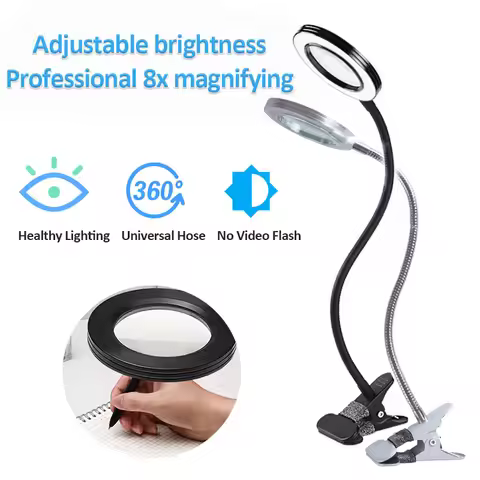 Flexible 8x Desk Lamp Magnifier 3 Colors LED Lights Clip-on Magnifying Glass Home Magnifier for Read