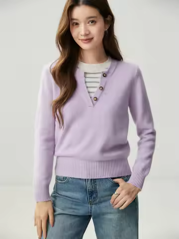 Woman Autumn Winter 100% Cashmere Mock-Neck Pullover Knitwear Henry Collar Button Placket Striped Mo