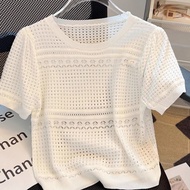french styleHollow Short Top White Ice Silk Sweater Women Short-Sleeved T-Shirt Thin Small Shirt 4E8