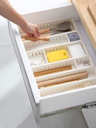 1個白色矩形可調節廚房抽屜收納盒,適用於餐具和器具收納