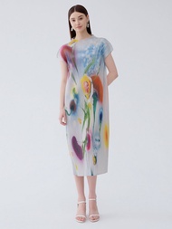 6326 One Size (45-75kg) Printed Summer Floral Half Turtleneck Sleeveless Maxi Pleated Slim Fit A- Li