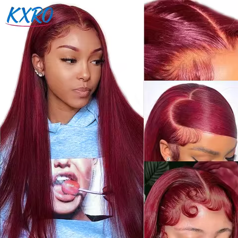 99J Burgundy Straight Body Wave 13x6 HD Transparent Lace Front Remy Brazilian Human Hair Wig Pre Plu