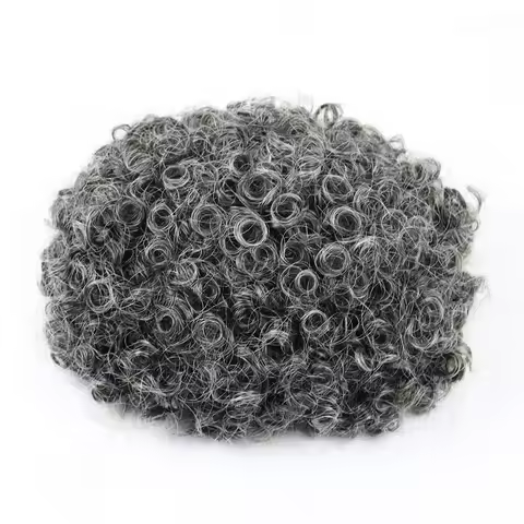1B40 Grey Hair Full Skin Men Toupee 15mm Curly Human Hair Toupee Replacement System Curly Toupee For